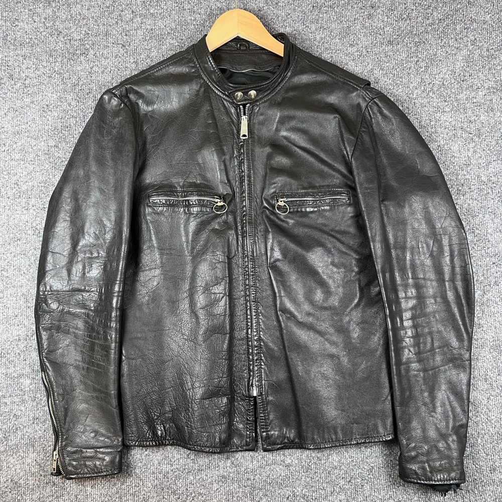 Vintage 70s Espirit Cafe Racer Leather Jacket Mens 42 Black TALON Zipper